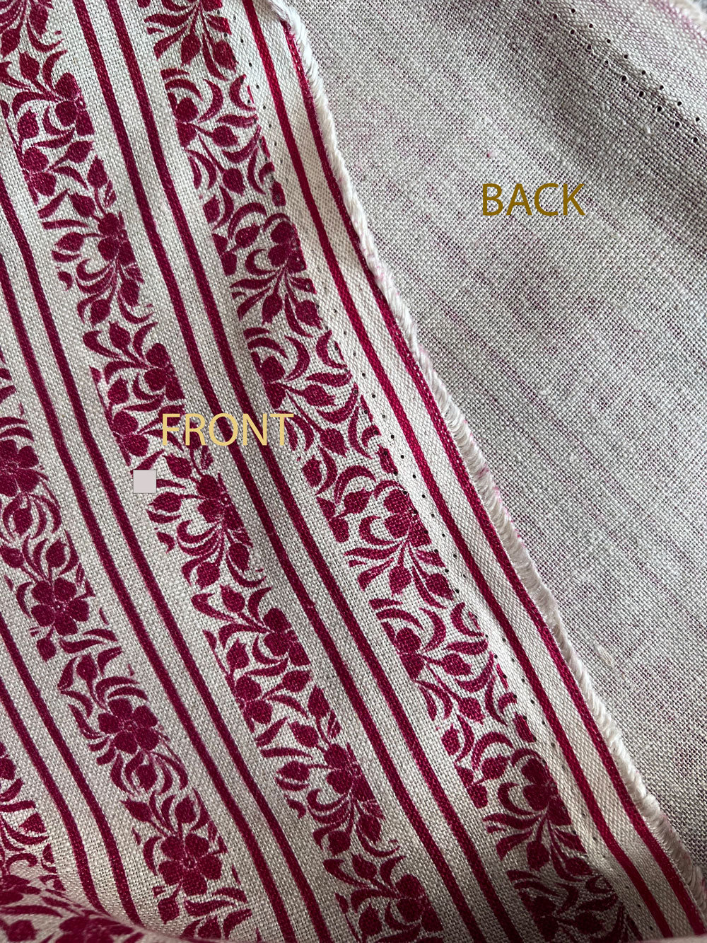 Burgundy Floral Striped Printed Linen 260gsm