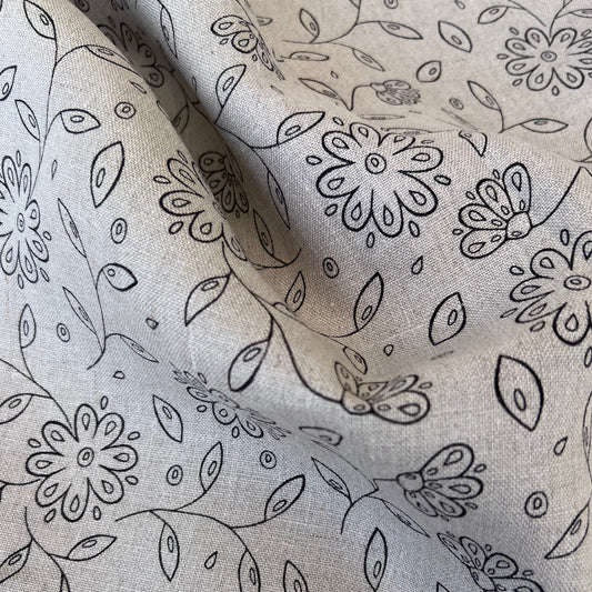 Black Floral Liner Vintage Printed Linen 260gsm